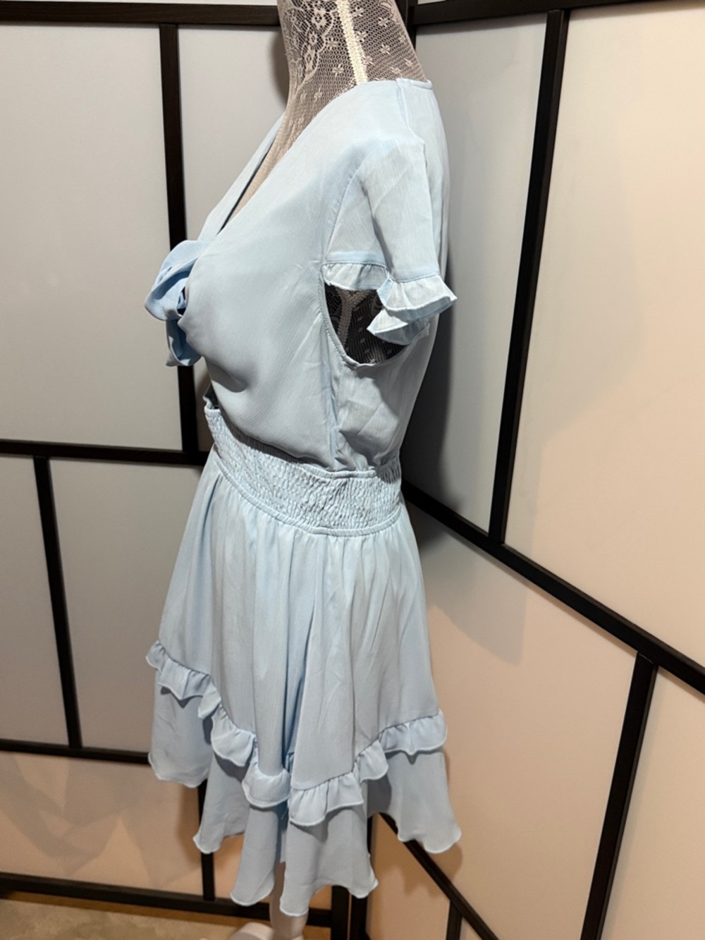 Light Blue Tie-Front Mini Dress with Smocked Waist - Picture 3 of 6